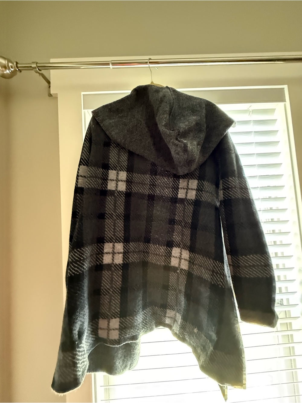 Women wool Hooded Plaid Sweater Cardigan - Gray